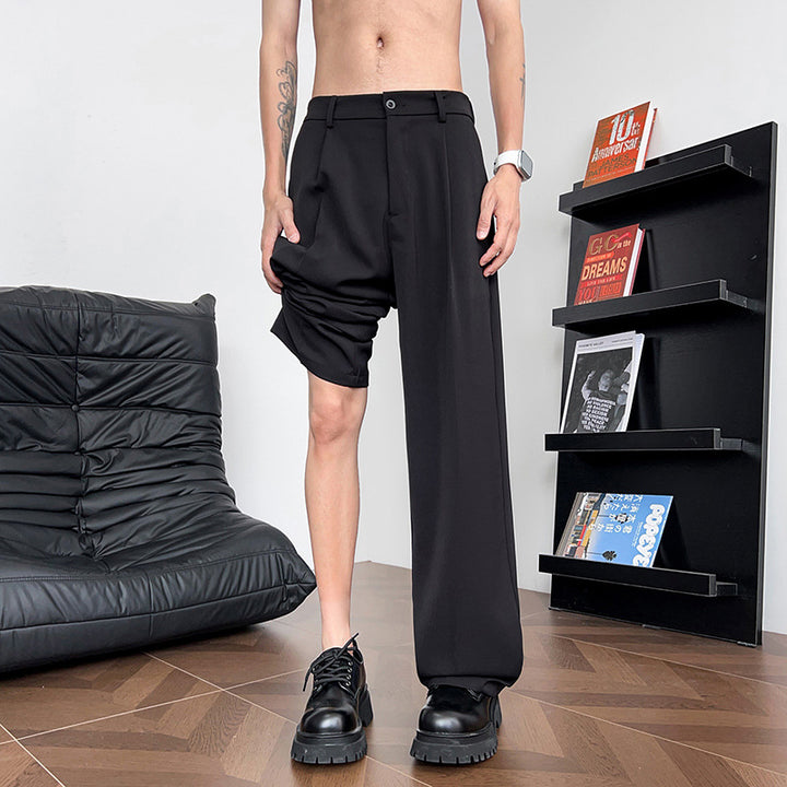 Men's leisure pants with asymmetrical cut