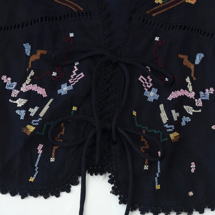 Women embroidered Kimono jacket with tie belt, crochet trim and elbow-length sleeves Mune Fashion