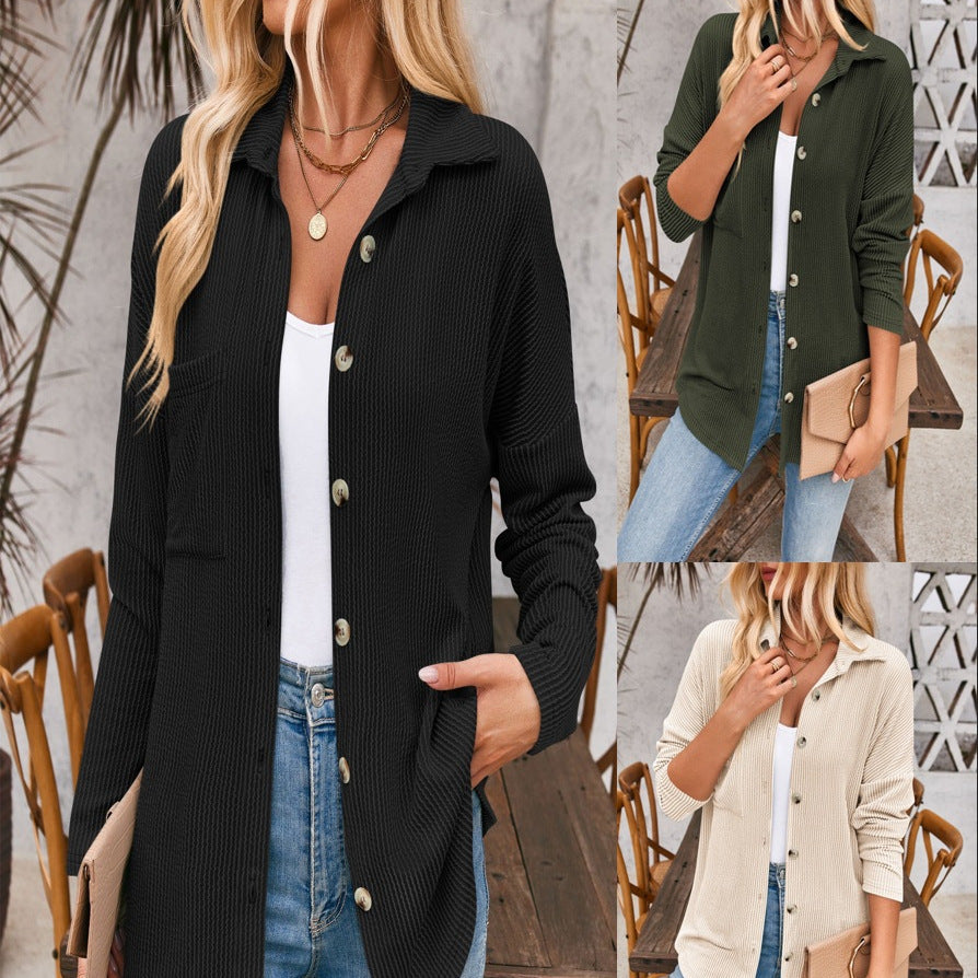 Women's Ribbed Oversized Shirt Jacket with Full Button Placket and Shirt Collar Mune Fashion