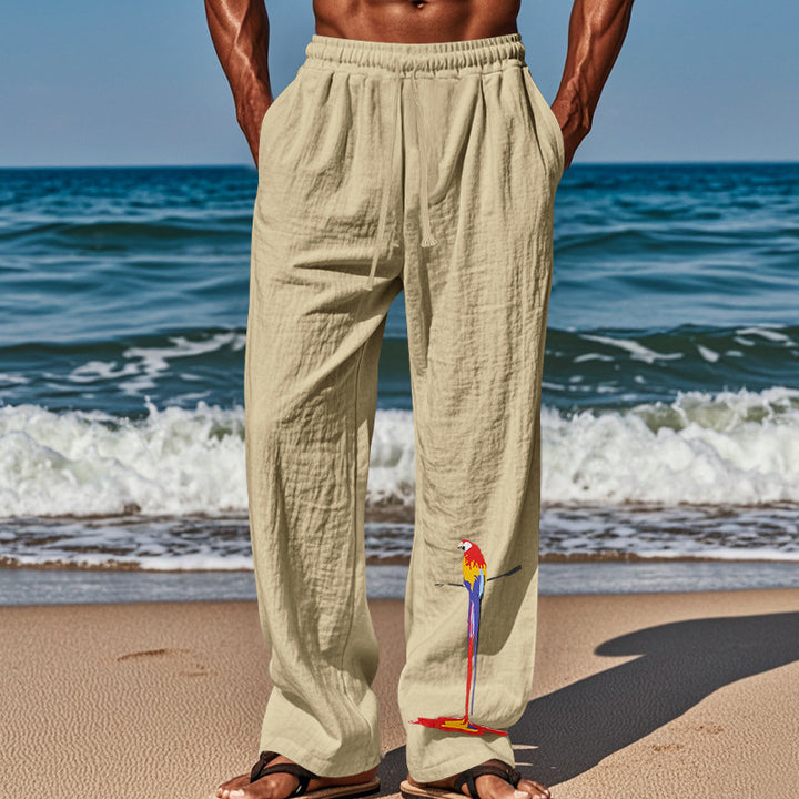 Men's casual linen lounge pants with elastic comfort waistband, drawstring, wide leg, and decorative parrot embroidery Mune Fashion