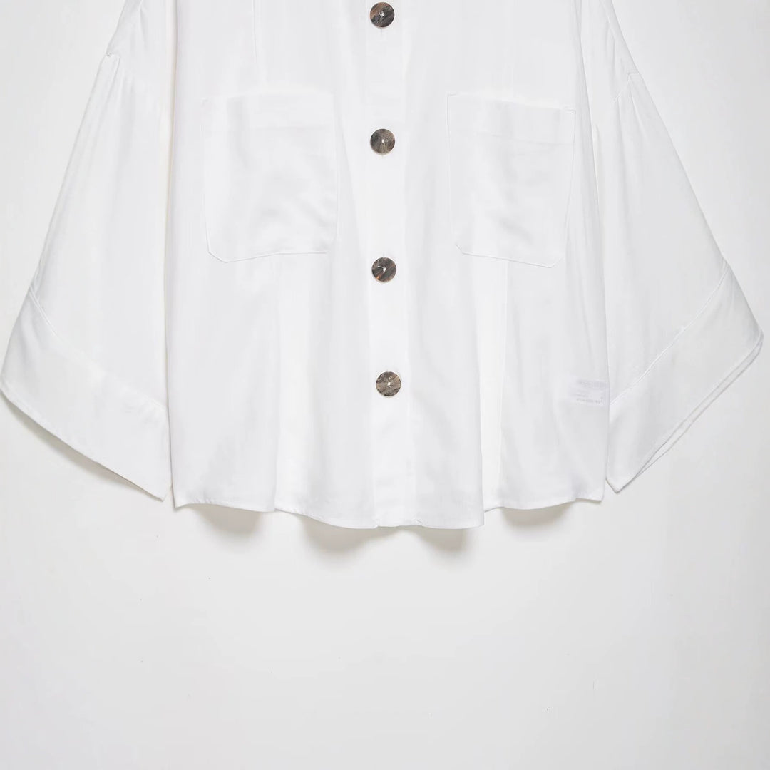 Women's Oversized Shirt Jacket with Wide Kimono Sleeves and Large Horn Buttons Mune Fashion