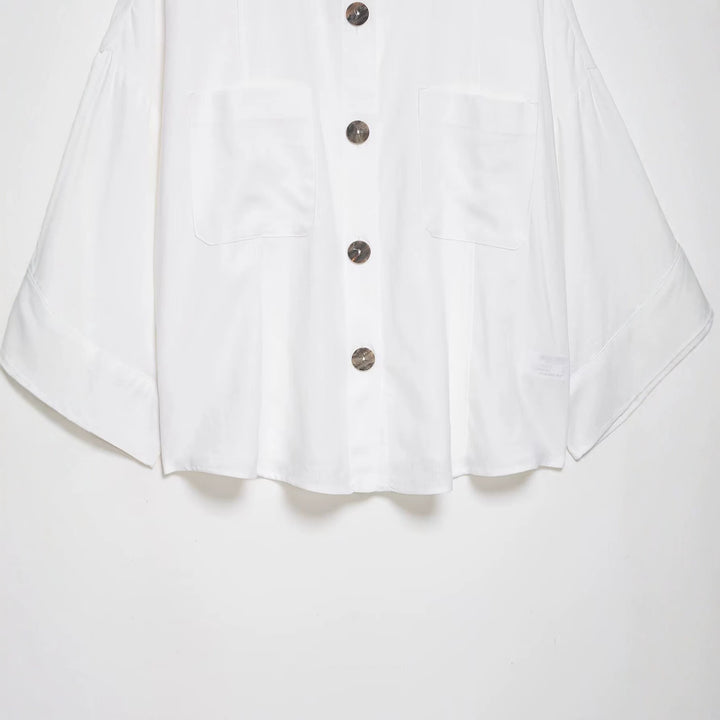 Women's Oversized Shirt Jacket with Wide Kimono Sleeves and Large Horn Buttons Mune Fashion