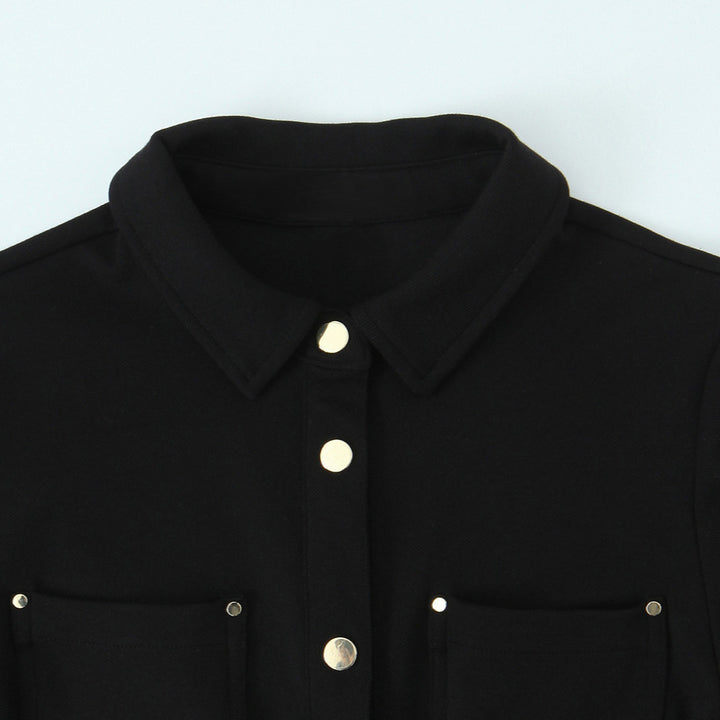 Ladies shirt dress with decorative button placket, breast pockets, and waist gathering Mune Fashion