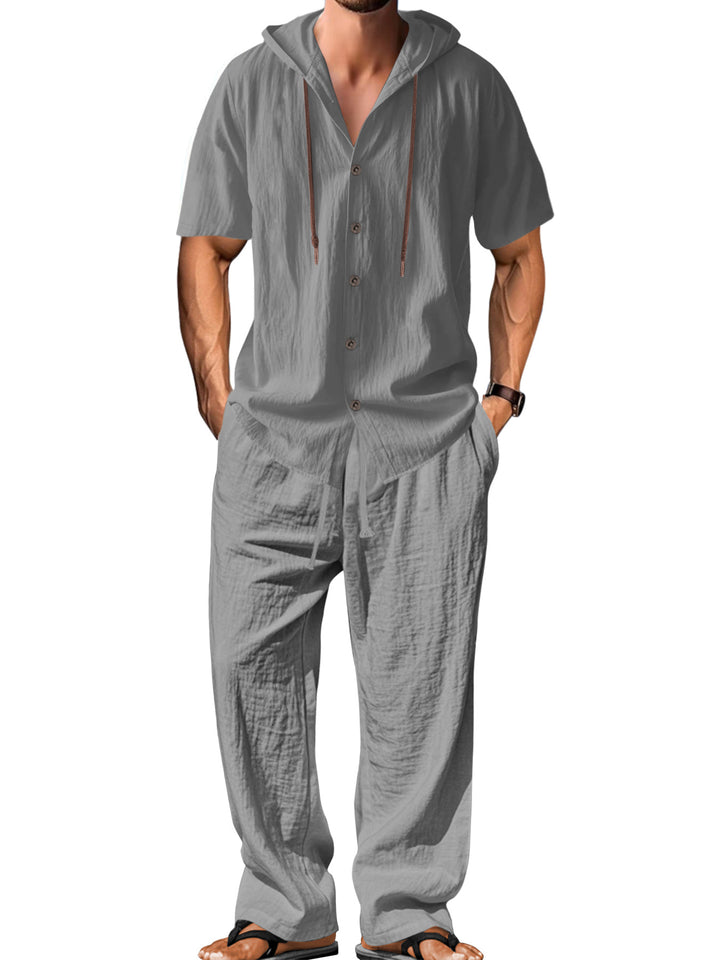 Men's airy linen lounge set with short-sleeved hoodie and straight relaxed pants Mune Fashion