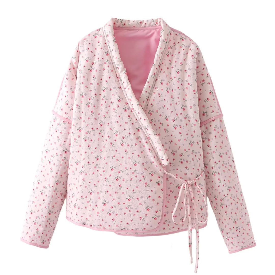 Ladies' lightweight wrap jacket in kimono style with delicate floral pattern and waist tie Mune Fashion