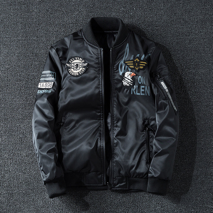 Men's  patch-detail glossy flight bomber with ribbed trims Mune Fashion