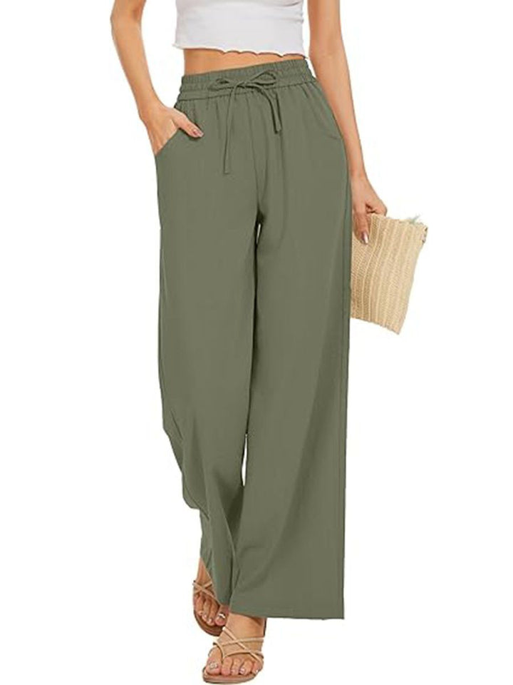 Women's wide linen pants with high elastic waistband, drawstring, and side pockets Mune Fashion