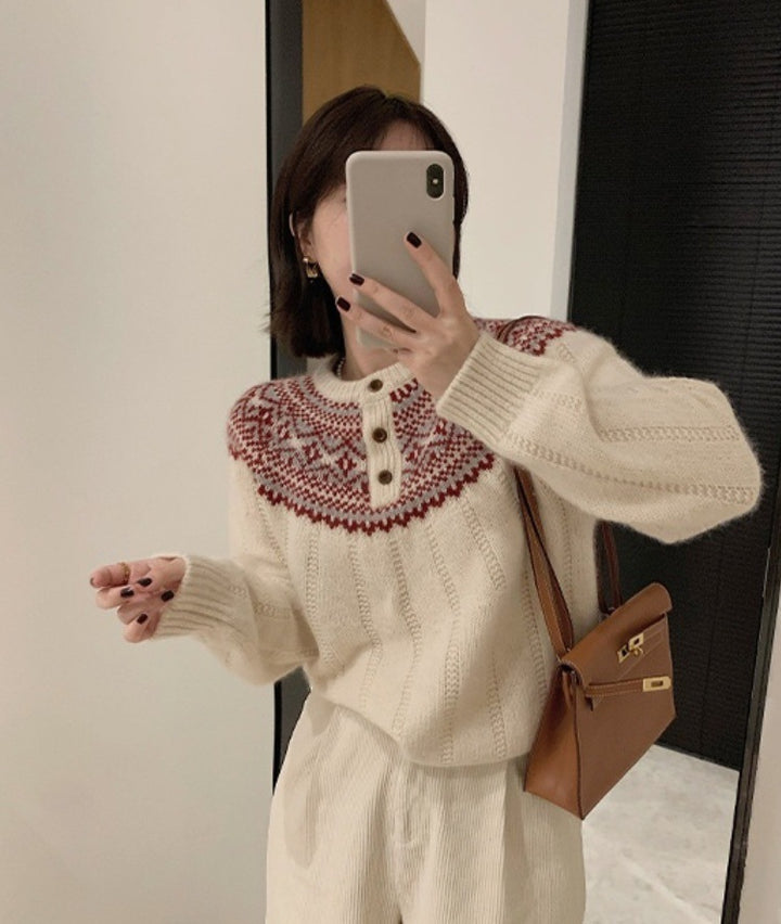 Women Norwegian pattern round yoke sweater with button placket and mohair look Mune Fashion