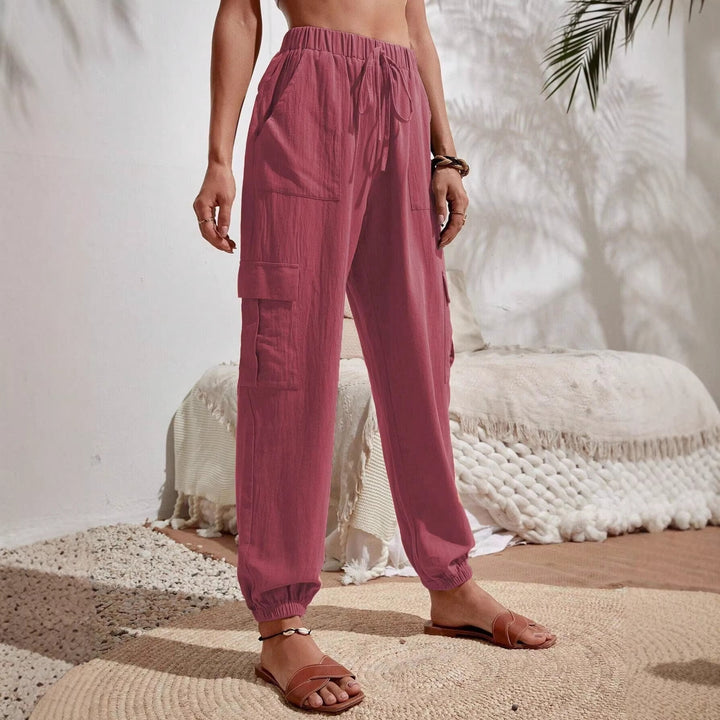 Women Cargo Jogging Pants with Elastic Waistband, Drawstring and Patch Pockets Mune Fashion