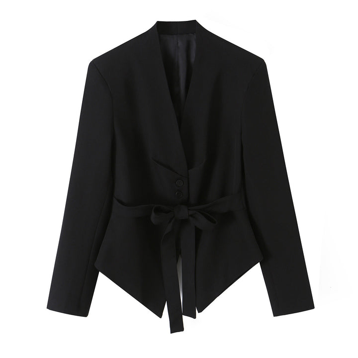 Women's Tailored Blazer with V-Neck, Narrow Waistbelt and Pointed Hem Mune Fashion