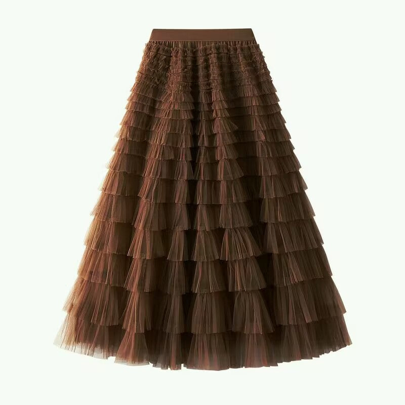Women's layered tulle midi skirt with elastic waistband and ruffles Mune Fashion
