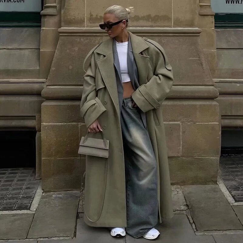 Women Long Trench Coat with Belt, Double-Breasted Button Placket and Epaulets Mune Fashion