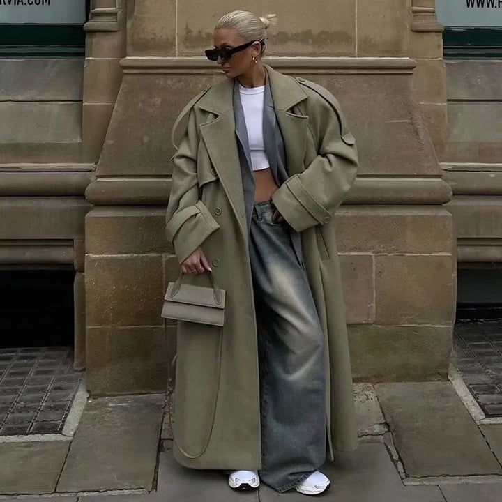 Women Long Trench Coat with Belt, Double-Breasted Button Placket and Epaulets Mune Fashion