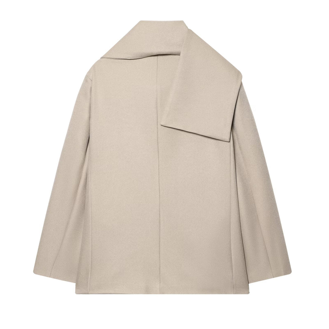 Women's Short Cape Coat with Overlapping Shawl Collar and One-Button Closure Mune Fashion