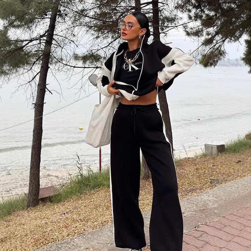 Women's Multi-Part Loungewear Set with Zip Jacket and Wide Palazzo Pants Mune Fashion