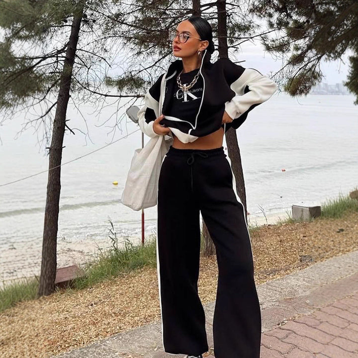 Women's Multi-Part Loungewear Set with Zip Jacket and Wide Palazzo Pants Mune Fashion