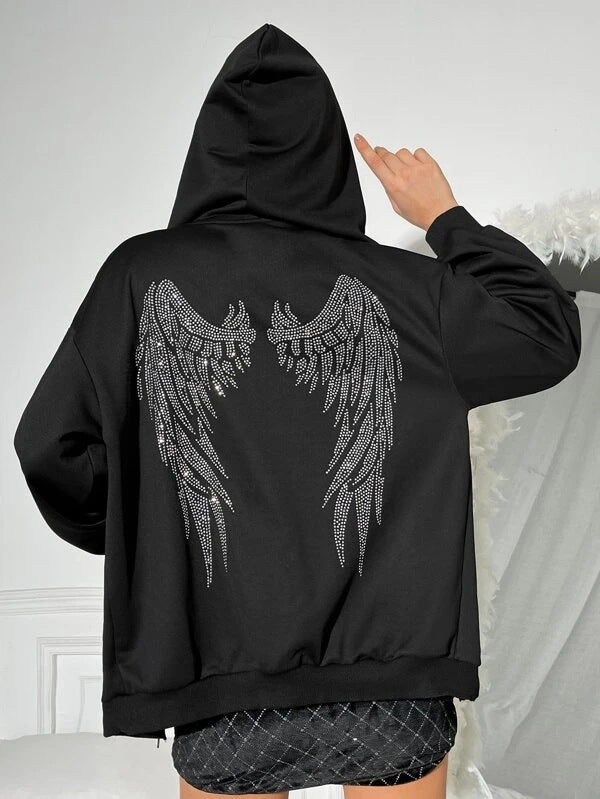 Women Oversize Hoodie with sparkling rhinestone angel wing back Mune Fashion