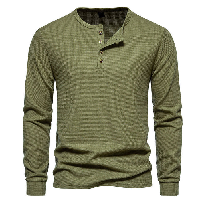 Men's Long Sleeve Henley Shirt with Textured Surface Pattern and Practical Button Details Mune