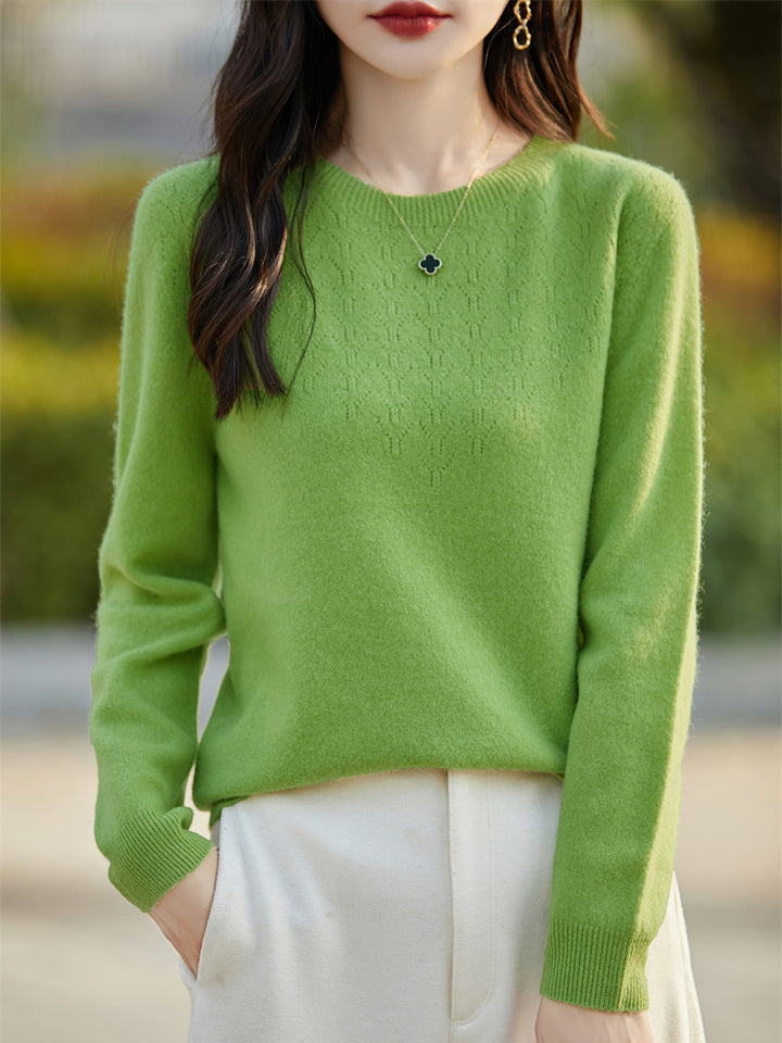 Women's Soft Round Neck Sweater in Cashmere Look with Fine Openwork Pattern and Snug Fit Mune Fashion