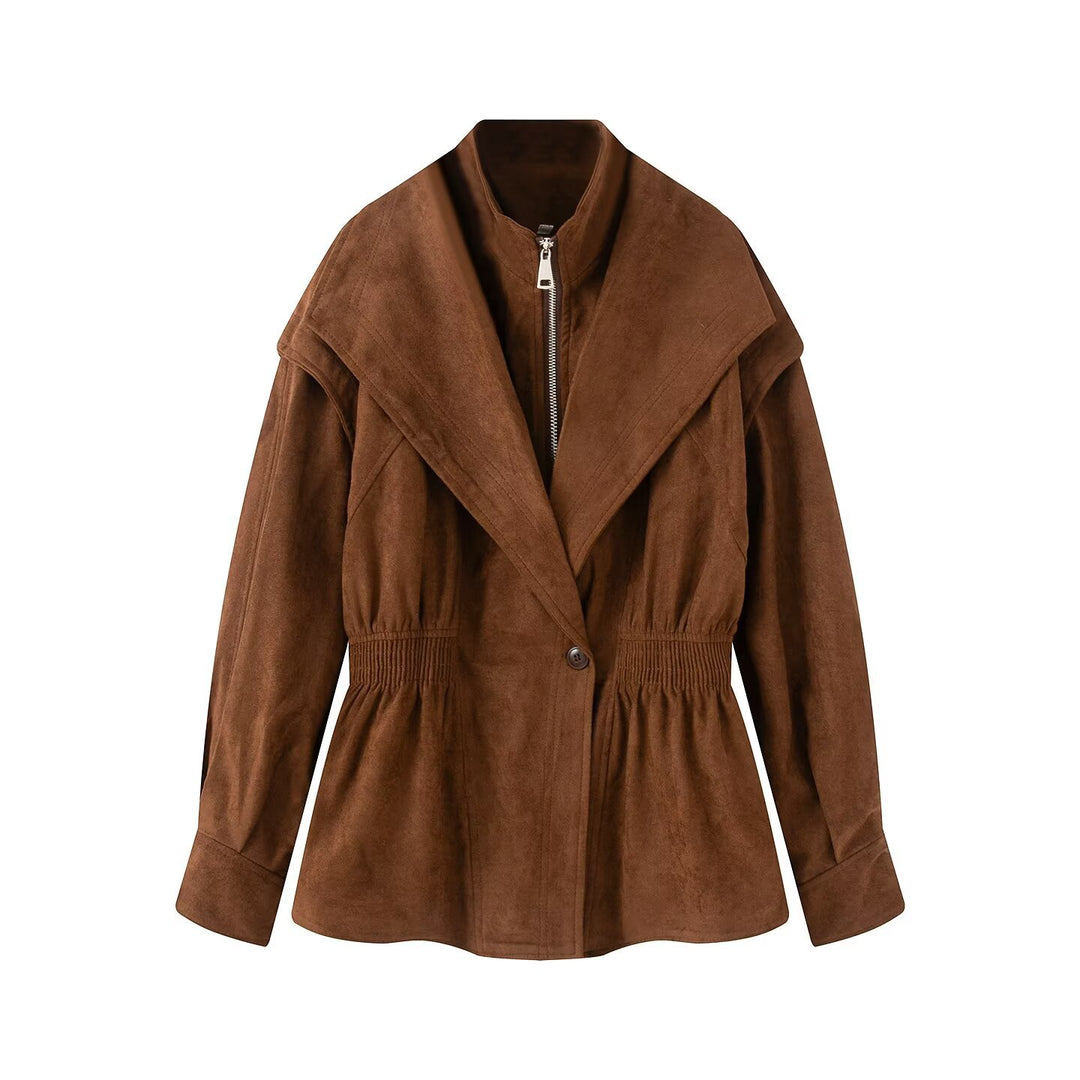 Women's tailored jacket in suede look with large shawl collar, zipper and gathered waist Mune Fashion