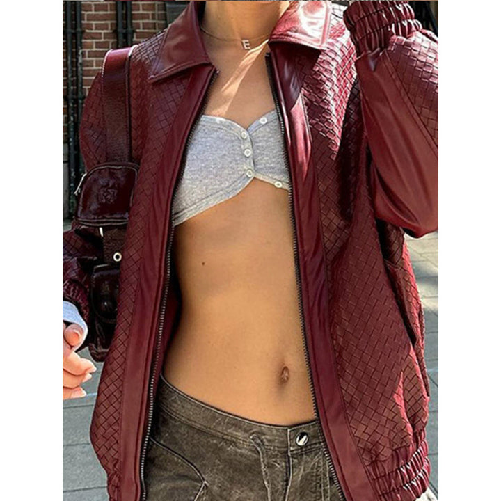 Women's Braided Faux Leather Bomber Jacket in Boxy Cut with Zipper Mune Fashion