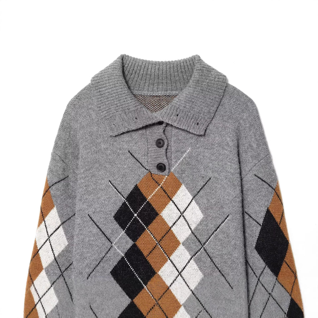 Women’s Oversized Knit Sweater with Diamond Pattern and Turtleneck Mune Fashion