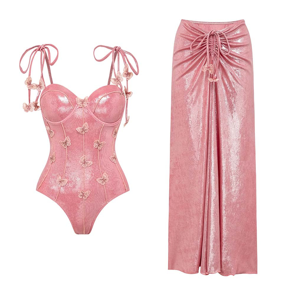 Ladies Luxurious Swimsuit with Off-Shoulder Ruffle Straps and Matching Maxi Skirt Mune Fashion