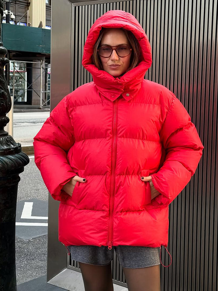 Women's Oversized Quilted Puffer Jacket with Removable Hood and Two-Way Zipper Mune Fashion