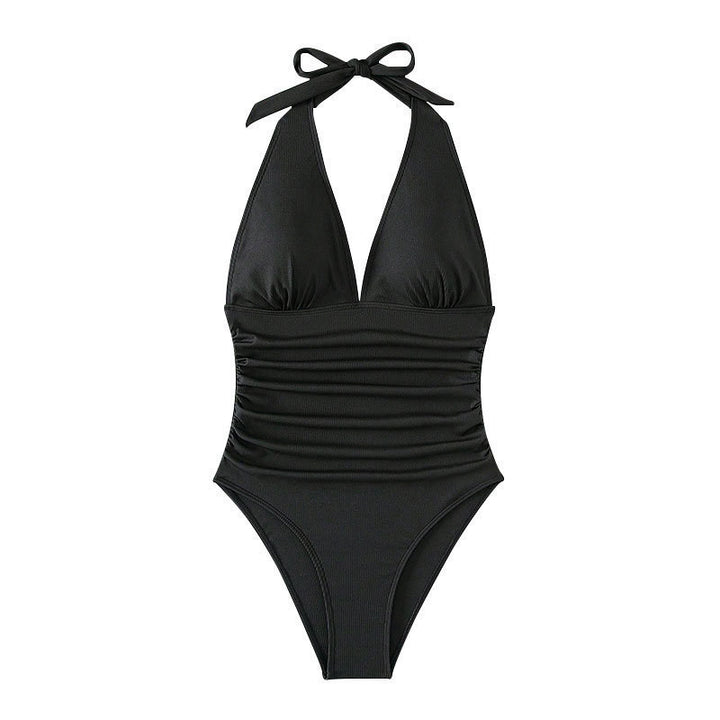 Women V-Neck One-Piece Swimsuit with Gathering Mune Fashion