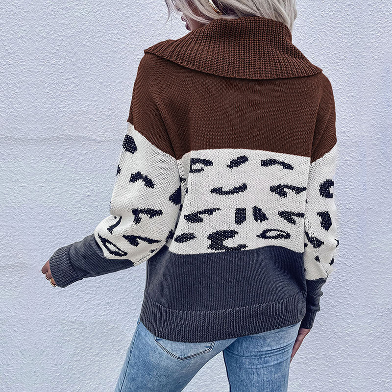 Ladies Fashionable Sweater with Leopard Pattern and Turtleneck Mune Fashion