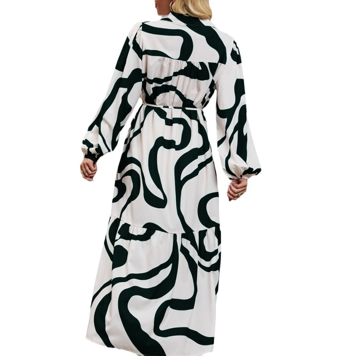 Women's patterned shirt dress with waist drawstring, full button placket and side slit Mune Fashion