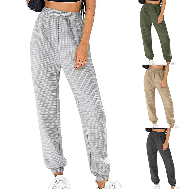 Women Waffle Knit Jogging Pants with High Waist and Elastic Cuffs Mune Fashion