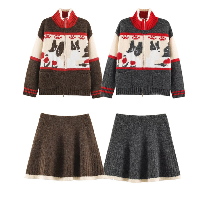 Women's Knit Two-Piece with Zipper Jacket and Flared Wool Blend Skirt Mune Fashion