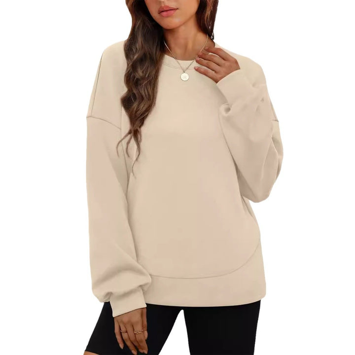 Women's casual oversized round neck sweatshirt with dropped shoulder, rounded hem, and soft inner lining Mune Fashion