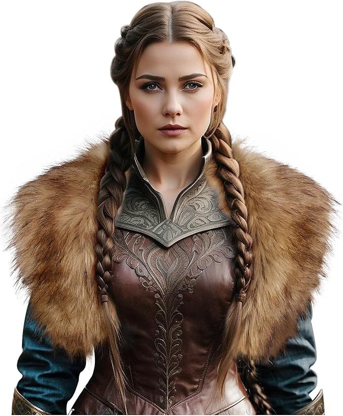 Ladies Medieval Faux Leather Breastplate with Embossed Ornamentation and Faux Fur Shoulder Collar Mune Fashion