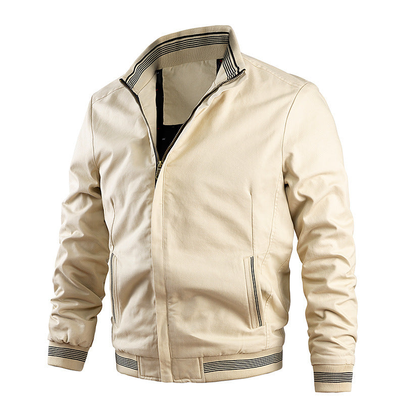 Men's Lightweight Cotton Bomber Jacket with Striped Ribbed Cuffs and Hidden Zip Front Mune Fashion