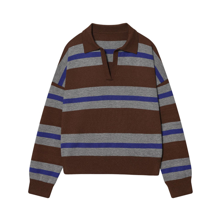 Women's striped rugby pullover with polo collar, open V-neck and wide ribbed cuff Mune Fashion