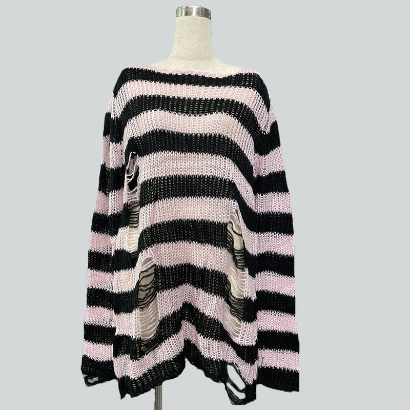 Women's oversized chunky knit sweater with wide block stripes and distressed design Mune Fashion
