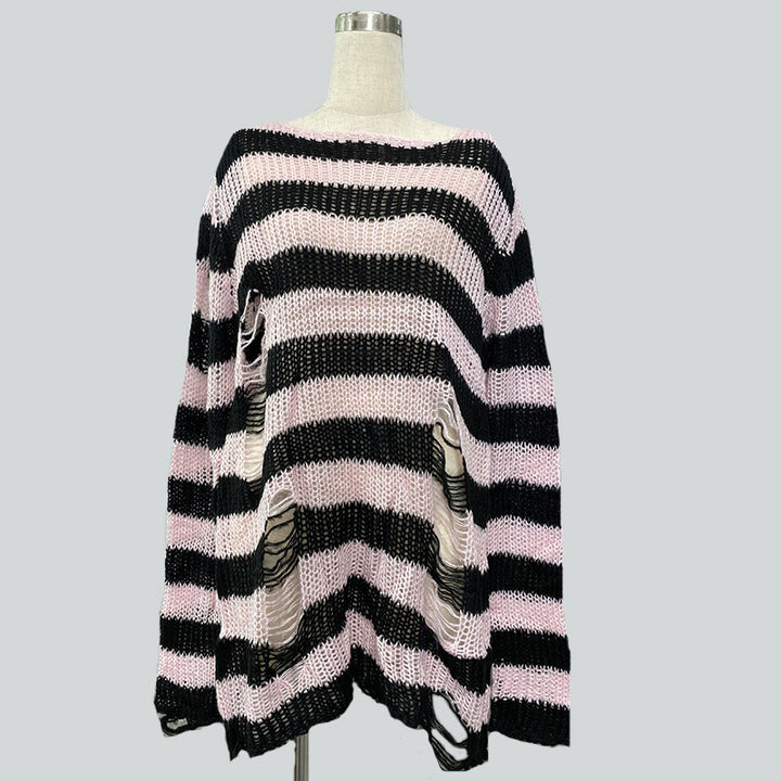 Women's oversized chunky knit sweater with wide block stripes and distressed design Mune Fashion