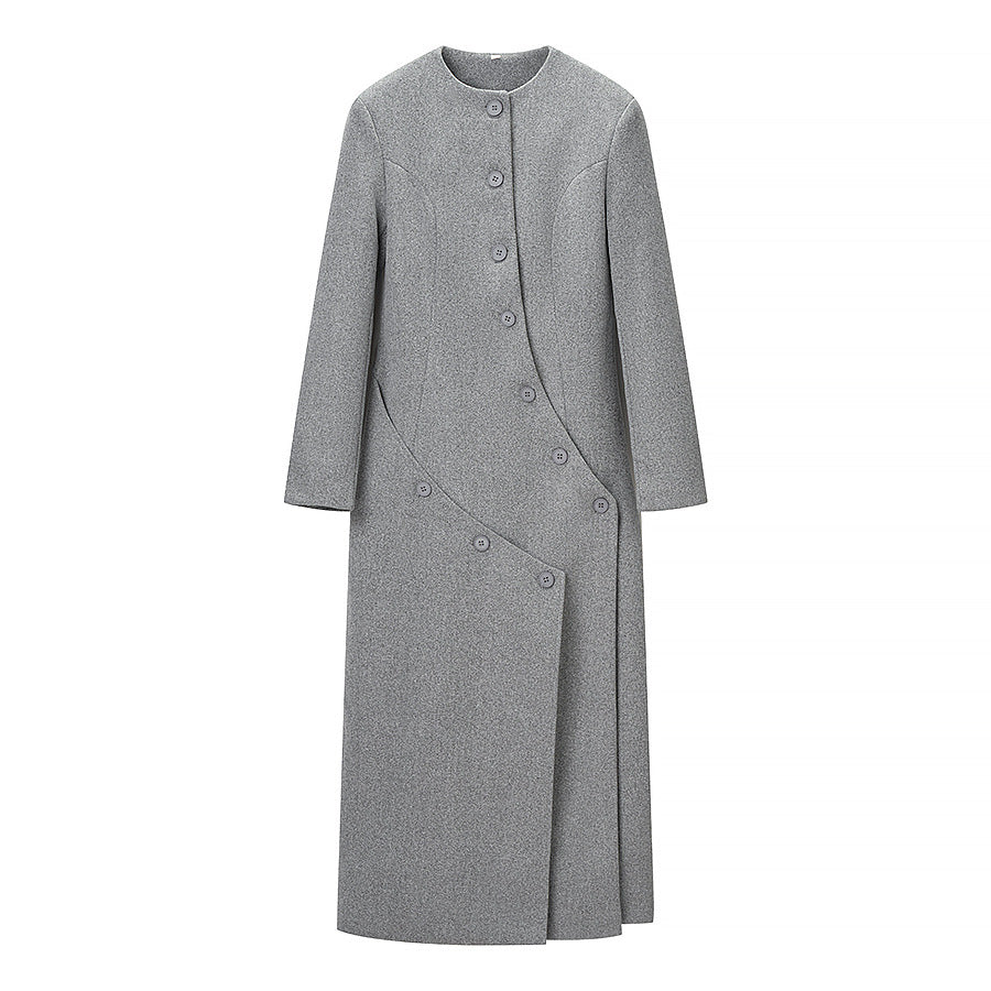 Women Long tailored wool mix coat with round neckline and asymmetric button placket Mune Fashion