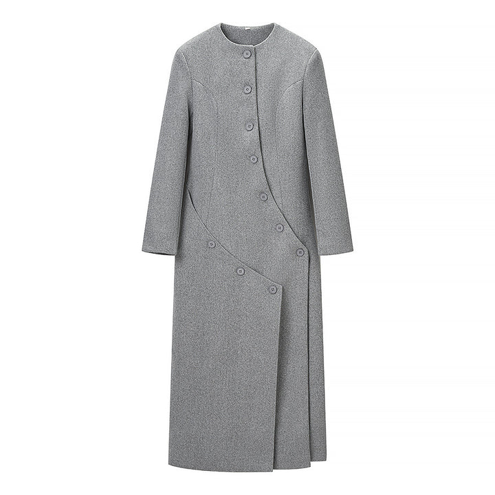 Women Long tailored wool mix coat with round neckline and asymmetric button placket Mune Fashion