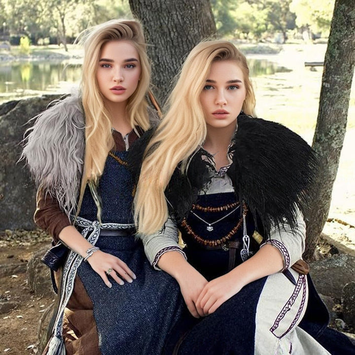Ladies feather-trimmed shoulder stole in capelet style with soft faux fur collar Mune Fashion