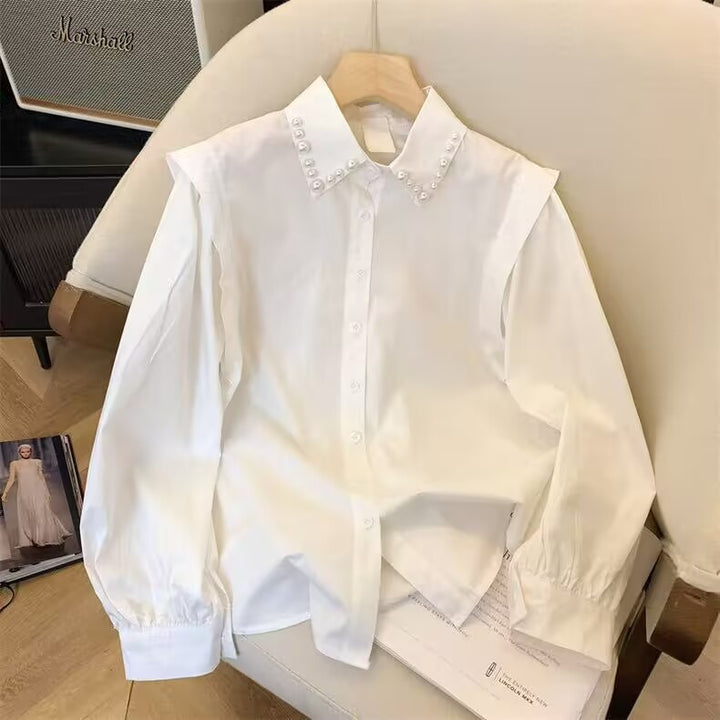 Women’s pearl-embellished shirt blouse with puff sleeves and pointed collar Mune Fashion