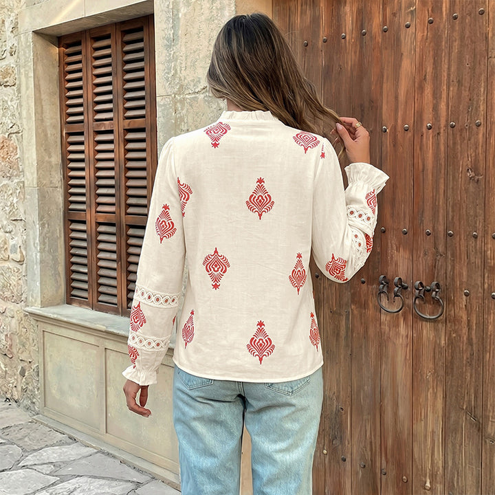 Women Patterned Blouse with Stand Collar, Decorative Button Placket and Crochet Trim on Sleeves Mune Fashion