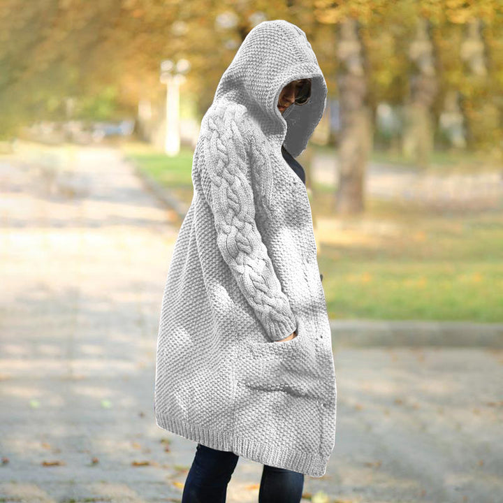 Damen Oversize Kapuzen-Strickmantel mit Zopfstrickärmeln und Eingrifftaschen Drune