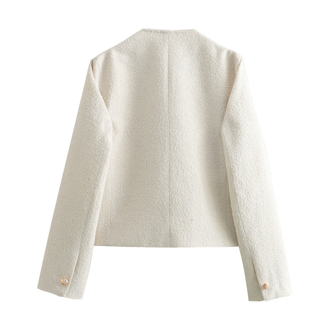 Women's elegant bouclé cropped jacket with round neckline, gold button details, and patch waist pockets Mune Fashion