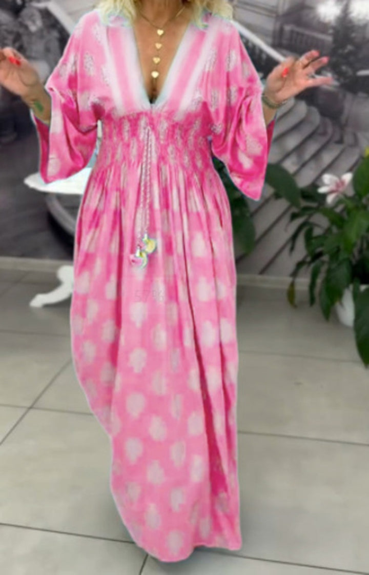 Women's gathered maxi dress with smocked waist, kimono sleeves, and decorative tassel Mune Fashion