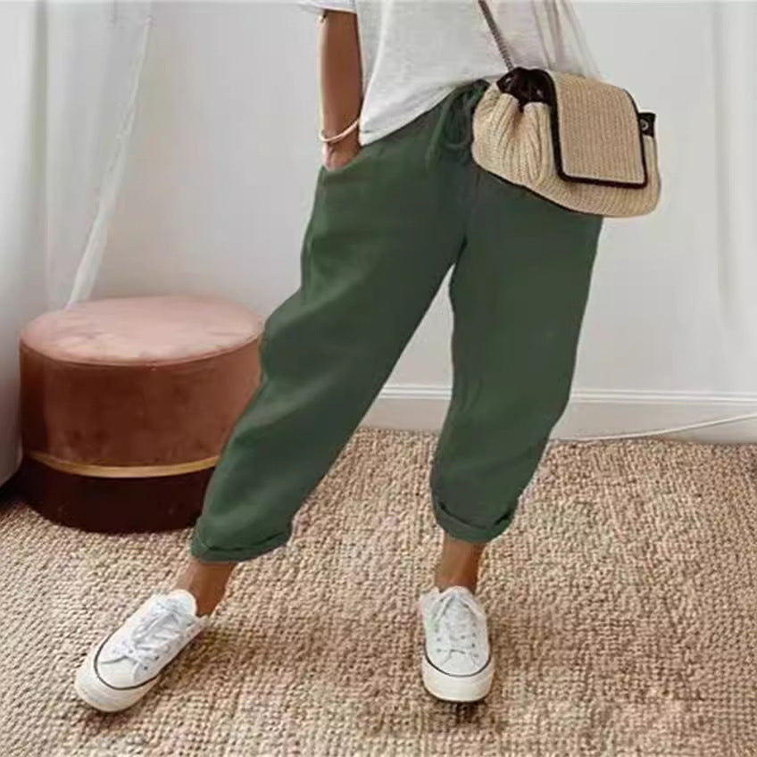 Women nan lighter linen joggers with drawstring, side pockets and rolled hem Mune Fashion