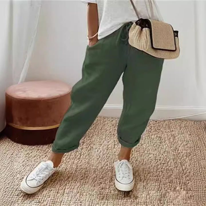 Women nan lighter linen joggers with drawstring, side pockets and rolled hem Mune Fashion