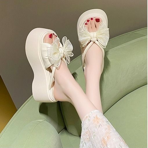 Women's platform slide sandal with high wedge sole and organza flower appliqué Mune Fashion